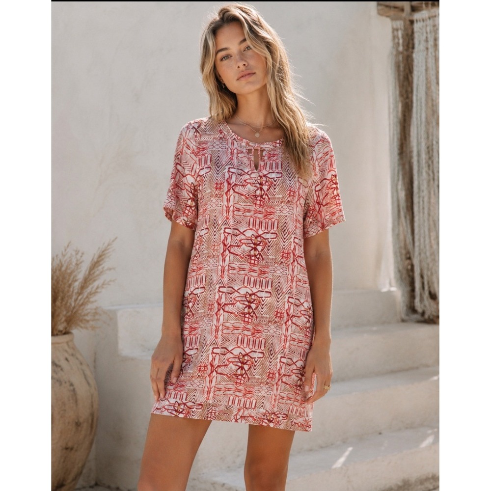 BCBGMAXAZRIA Andie Shift Dress XS Red Geometric Tribal Print Aztec Summer Casual
